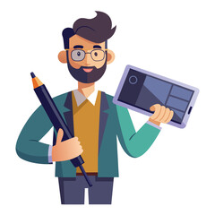 Digital art illustrator holding huge electronic pen, sketching and drawing. Professional illustrator. Flat modern illustration isolated vector image on white background 