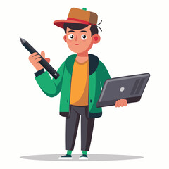 Digital art illustrator holding huge electronic pen, sketching and drawing. Professional illustrator. Flat modern illustration isolated vector image on white background 