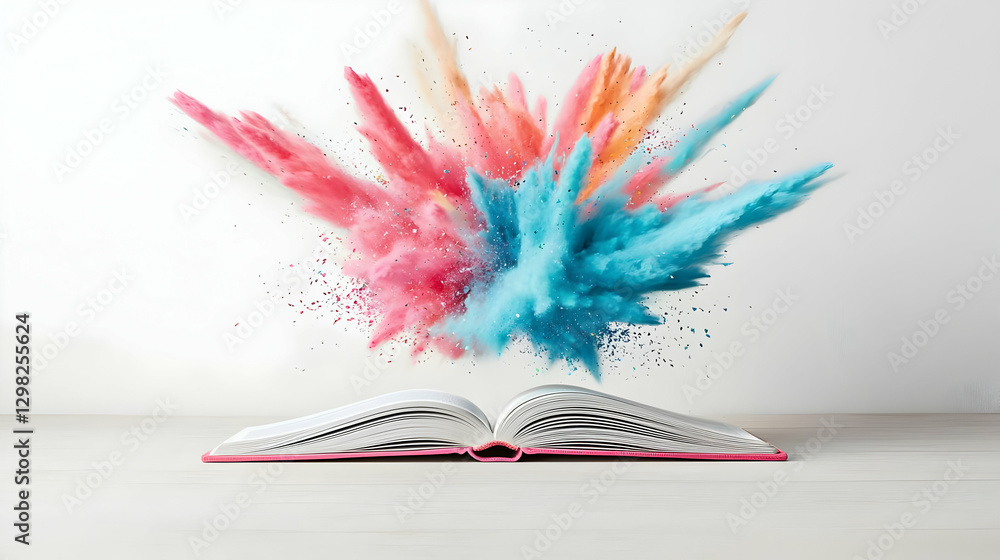 Poster exploding color powder above opened book on white background in studio