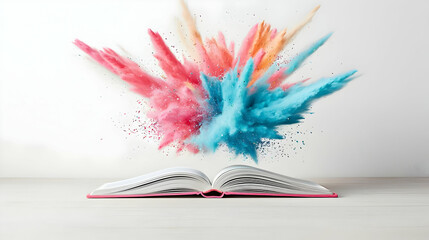 Exploding Color Powder Above Opened Book on White Background in Studio