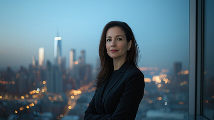 Fototapeta premium Confident female CEO portrait against city skyline at night. She exudes ambition and success with determined expression