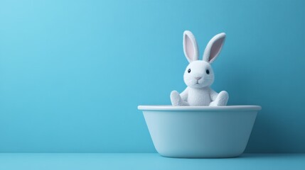 A white stuffed rabbit is sitting in a bathtub