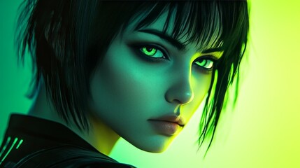 A woman with green eyes and a greenish face