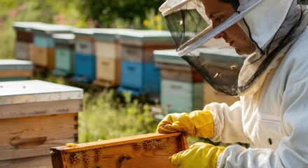 Beekeeper in protective suit inspecting beehive at apiary