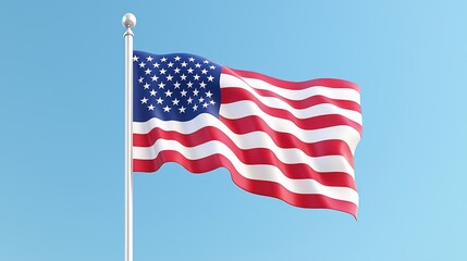 Fototapeta premium American flag waving on a flagpole against a clear blue sky during a bright sunny day.