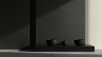 A black wall with a black table in the middle