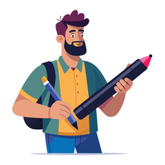 Digital art illustrator holding huge electronic pen, sketching and drawing. Professional illustrator. Flat modern illustration isolated vector image on white background 