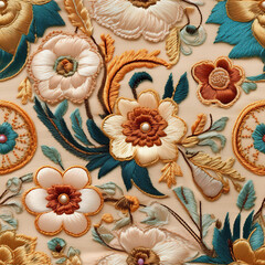 Seamless Embroidered Textile Pattern with Floral and Geometric Stitches