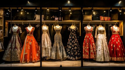 A modern boutique showcasing luxurious Indian wedding dresses on elegant mannequins with warm ambient lighting.