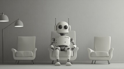 A robot is sitting in a chair in a room with two other chairs