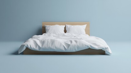 A bed with white sheets and pillows is shown in a room with a blue wall