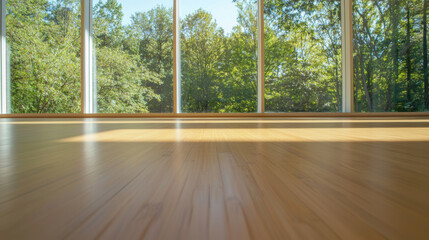 Spacious room with bamboo flooring and large windows overlooking lush greenery
