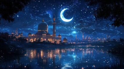 Naklejka premium Night scene of a majestic mosque by a lake under a crescent moon and starry sky.