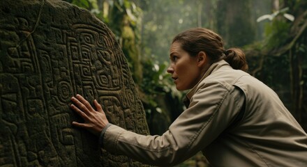 Woman examines ancient stone carvings in dense jungle