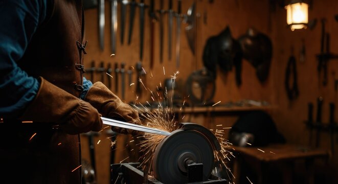 Craftsman sharpens sword on grinding wheel, creating sparks in dimly lit workshop