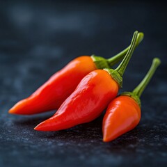 Three Red Chili Peppers on a Black Surface