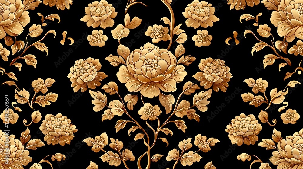 Poster elegant thai silk design featuring intricate golden patterns, ideal for fabric and wallpaper applica
