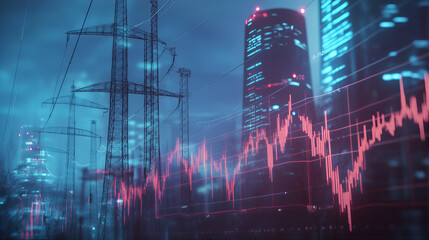 Fototapeta premium Silhouette of fluctuation in power supply and demand, hight cost of energy with electrical energy transmission through high-voltage power lines and tower grids against a sunset backdrop.
