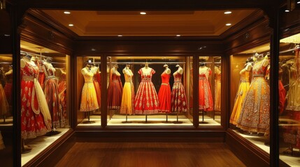 A modern boutique showcasing luxurious Indian wedding dresses on elegant mannequins with warm ambient lighting.