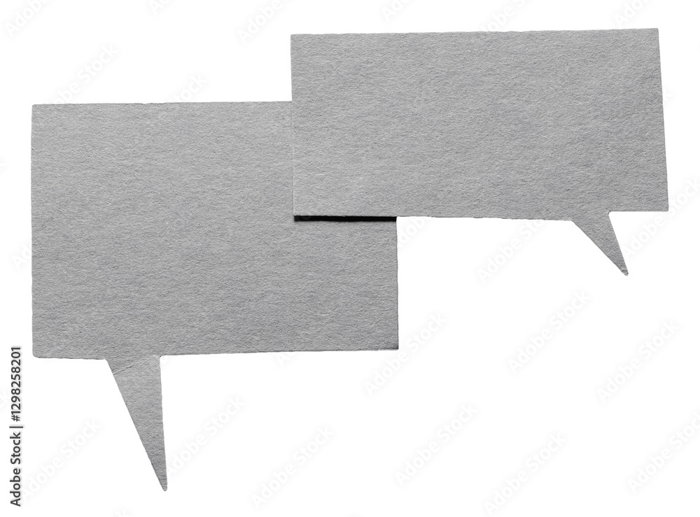 Poster two grey blank cut out cardboard paper speech bubbles with rough edges and copy space for text on tr