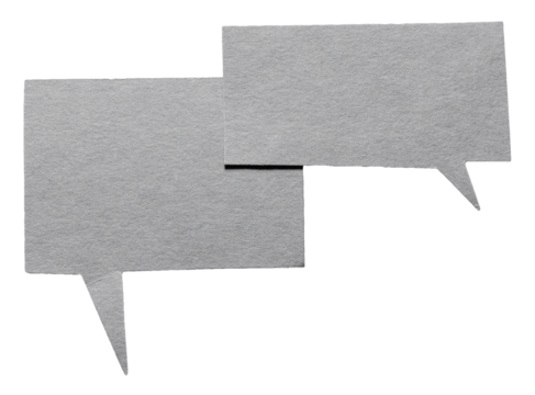 Two grey blank cut out cardboard paper speech bubbles with rough edges and copy space for text on transparent png background conversation discussion design element
