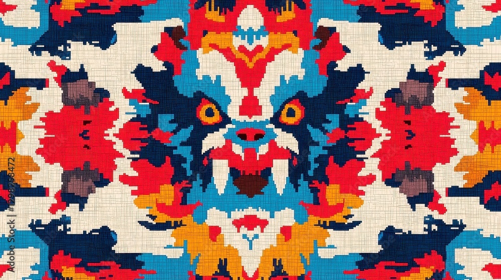 Poster uzbek ikat textile abstract pattern, vibrant seamless design featuring intricate motifs, ideal for v