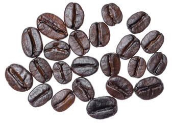 Fototapeta premium Close up flat lay view of many brown roasted coffee beans with fine details isolated on white background