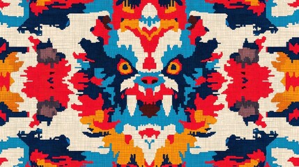 Uzbek Ikat Textile Abstract Pattern, vibrant seamless design featuring intricate motifs, ideal for various applications, with ample space for text or branding elements