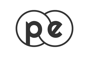 PE business company emblem with outline rounds and letters p e. Logo template of two merged circles for brand identity, logotype. Vector Infinity symbol