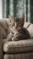 Fluffy kitten resting on a warm armchair, tucked in a tranquil and inviting living room