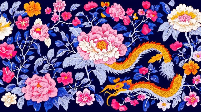 Vietnamese Dong Ho Folk Art Seamless Background, intricate line art design, vibrant colors, cultural motifs, ideal for textile prints, wallpapers, and artistic projects