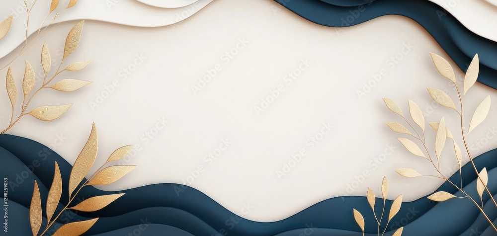 Poster a serene, abstract design featuring layered waves in navy and gold with botanical accents, creating 