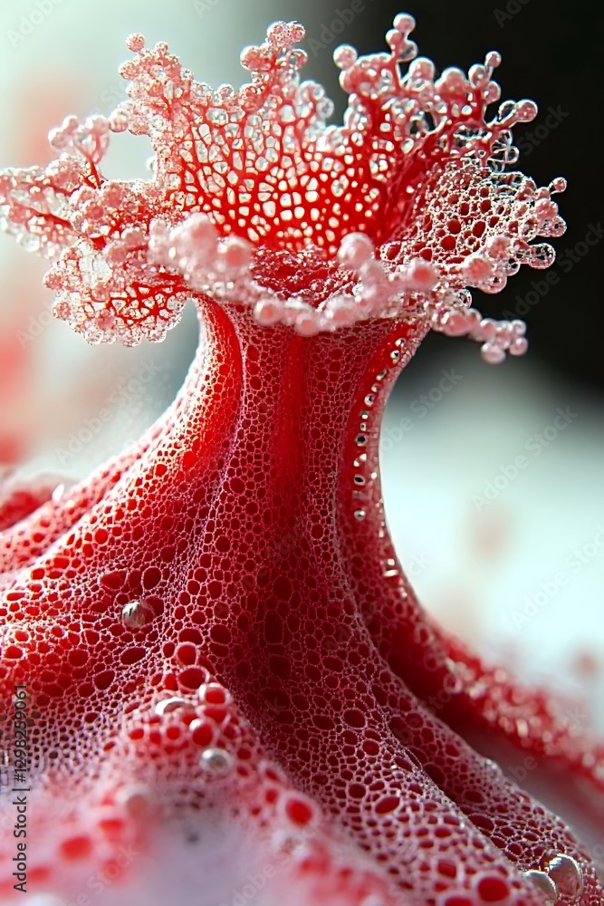 Poster abstract red cellular structure with spherical accents in detailed view
