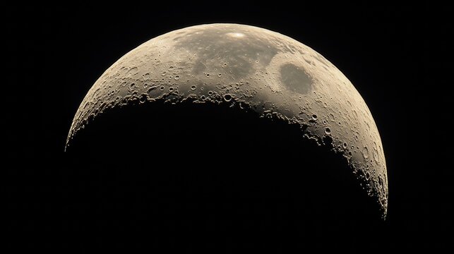 Detailed crescent moon surface in night sky astronomy scene