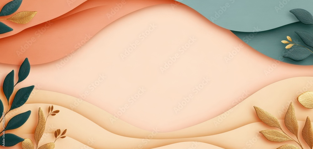 Poster a vibrant, abstract design featuring flowing waves in soft colors, adorned with leaves and floral el