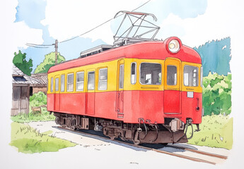 Obraz premium Illustrated old red and yellow train in rural countryside artwork