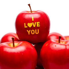 A close-up photo of several fresh red apples against a bright solid white background. On top of the pile of apples, one apple stands out with bright yellow text that reads 'I LOVE YOU