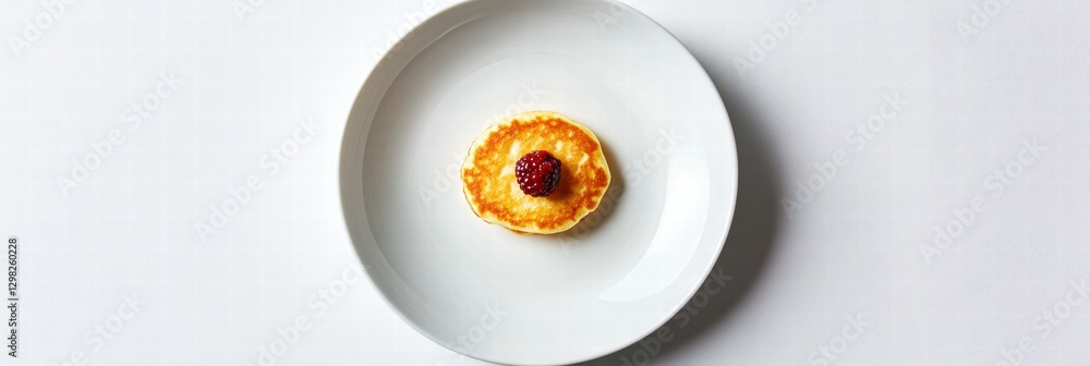 Poster small pancake topped with raspberry on a clean white plate at a modern dining table. generative ai