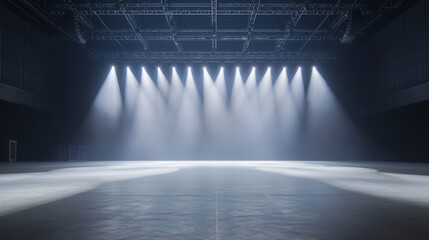 large empty concert stadium with well lit stage and clean floors