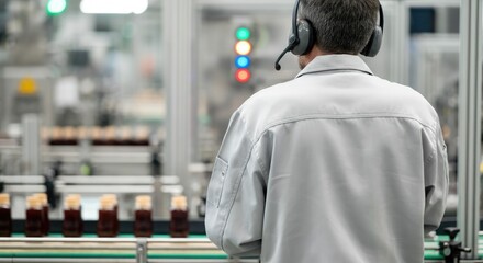 Factory worker with headset observing assembly line Industrial setting