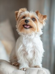 Portrait of yorkshire terrier puppy dog sit and smile cheerful