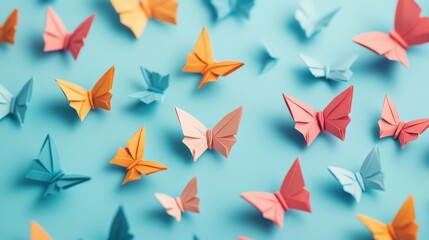 Obraz premium Colorful Paper Butterflies in Various Sizes on a Light Blue Background for Creative Art and Decor Projects