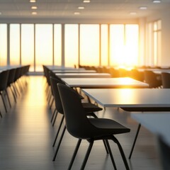 Classroom with desks and sunset view
