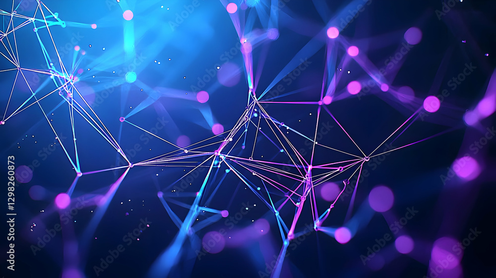 Poster abstract digital network of connected nodes in blue and purple with glowing dots