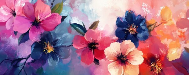 A vibrant floral painting featuring a mix of colorful blossoms against an abstract, softly blended background.