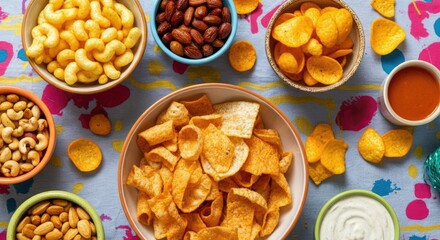 Fototapeta premium Assorted snack bowls with chips, nuts, dips on colorful tablecloth
