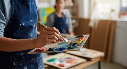 Fototapeta premium Person painting colorful artwork in studio, brush and palette focus