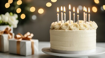 Elegant birthday cake with lit candles and festive decorations, perfect for celebration or party.