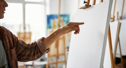 Obraz premium Person pointing towards blank canvas on easel in art studio