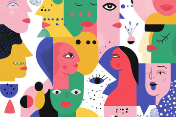Colorful and abstract illustration featuring diverse and expressive depictions of faces